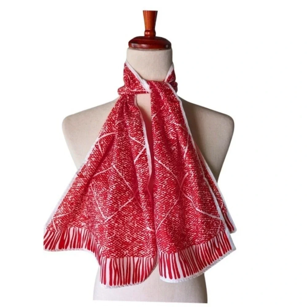 Vintage‎ Red White Geometric Diamond Print Poly Scarf Rectangular Head Wrap